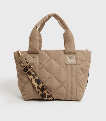 shop for Camel Quilted Animal Print Strap Tote Bag New Look at Shopo