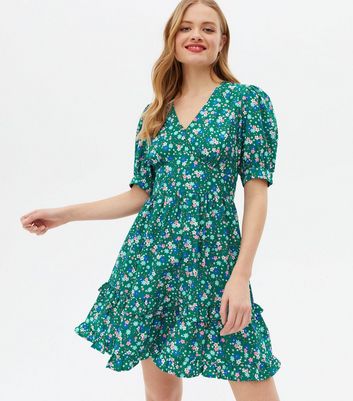 Green Floral Frill V Neck Mini Dress | New Look