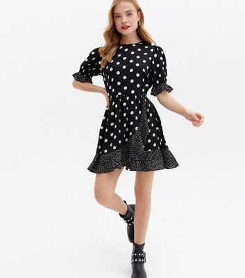 Black Spot Frill Mini Wrap Dress New Look