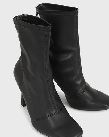 London Rebel Black Leather-Look Stiletto Heel Sock Boots | New Look