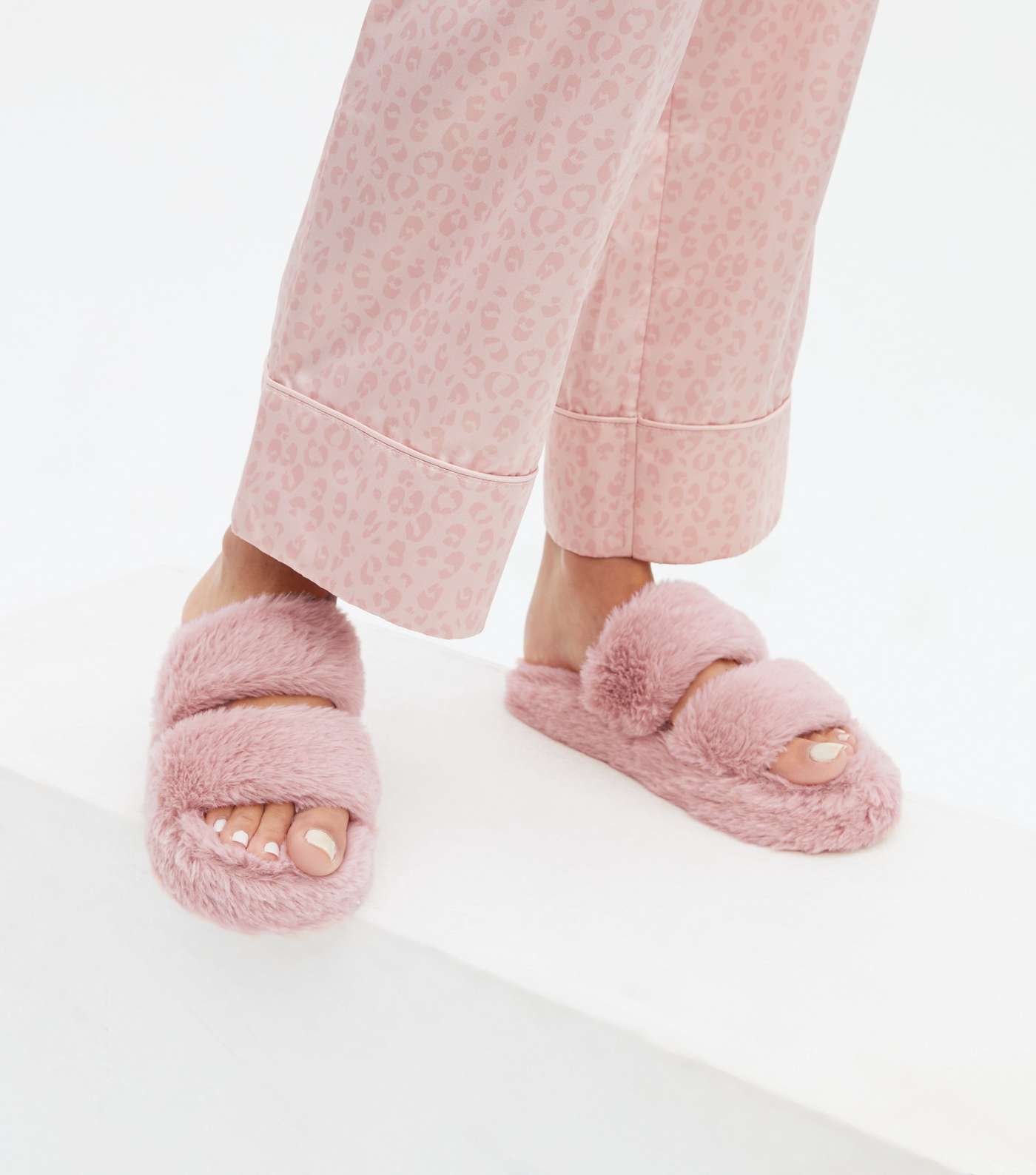 Pink Faux Fur Double Strap Chunky Slider Slippers Image 2