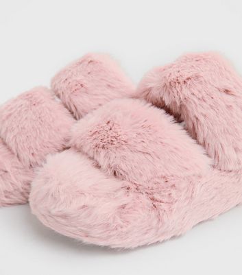 shop for Pink Faux Fur Double Strap Chunky Slider Slippers New Look Vegan at Shopo