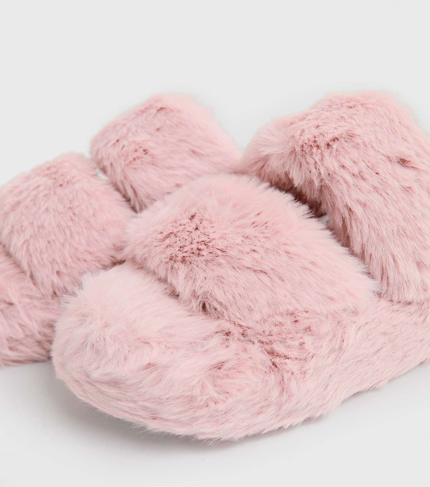 Pink Faux Fur Double Strap Chunky Slider Slippers Image 4