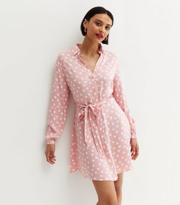 Pink Spot Belted Mini Shirt Dress