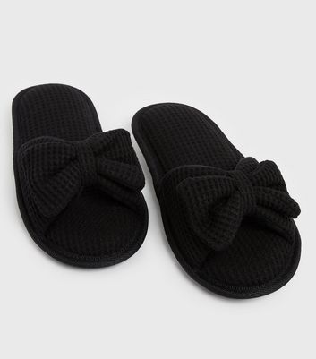 shop for Black Waffle Bow Slider Slippers New Look Vegan at Shopo