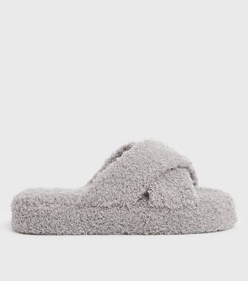 Grey Teddy Cross Strap Chunky Slider Slippers New Look