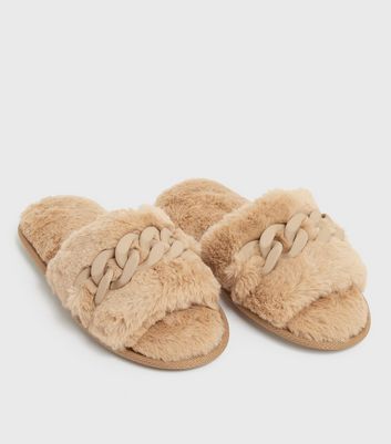 shop for Camel Faux Fur Chain Slider Slippers New Look Vegan at Shopo