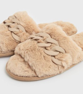 Damen Schuhe & Stiefel Camel Faux Fur Chain Slider Slippers
