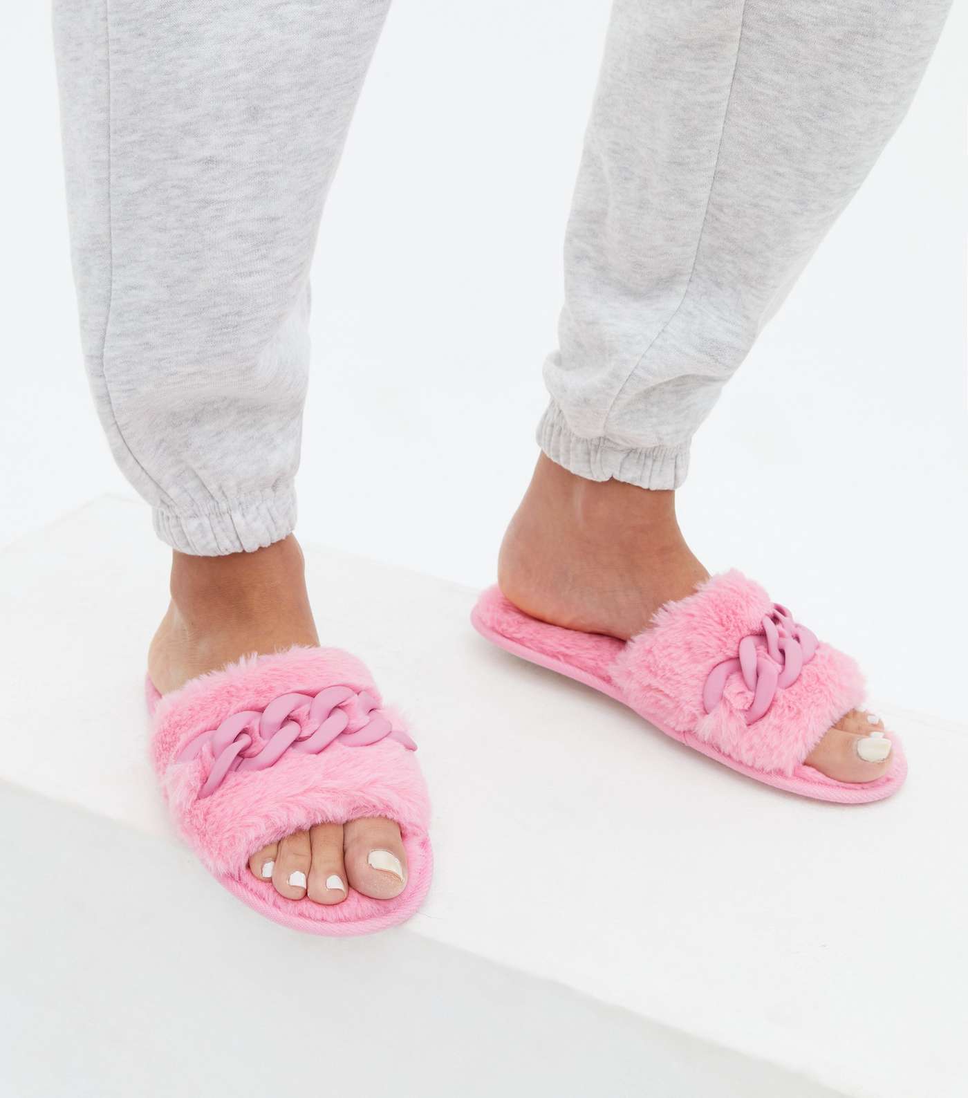 Bright Pink Faux Fur Chain Slider Slippers Image 2