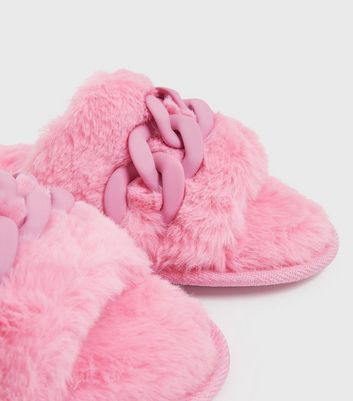 Bright Pink Faux Fur Chain Slider Slippers New Look Vegan