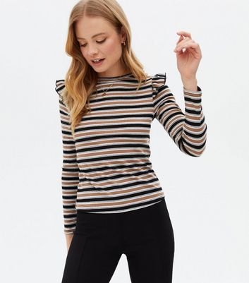 Black Stripe Fine Knit Frill Long Sleeve Top New Look