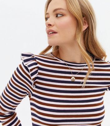 Brown Stripe Fine Knit Frill Long Sleeve Top New Look