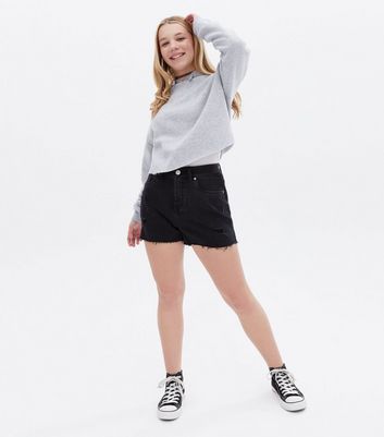 Girls Black Denim Ripped Frayed Hem Mom 