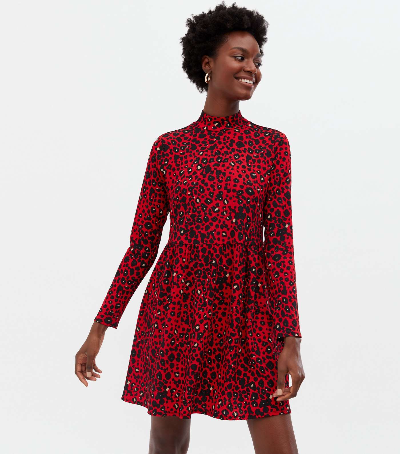 Red Leopard Print High Neck Mini Smock Dress
