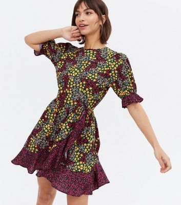 Black Ditsy Floral Frill Puff Sleeve 