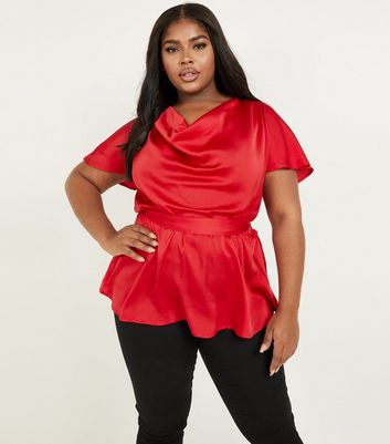 QUIZ Curves Red Satin Cowl Neck Peplum Blouse | New Look