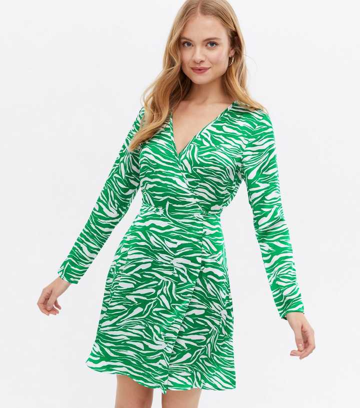 Green Zebra Print V Neck Mini Wrap Dress