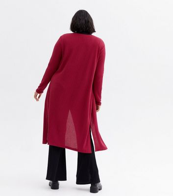 Curves Burgundy Ribbed Knit Long Cardigan New Look