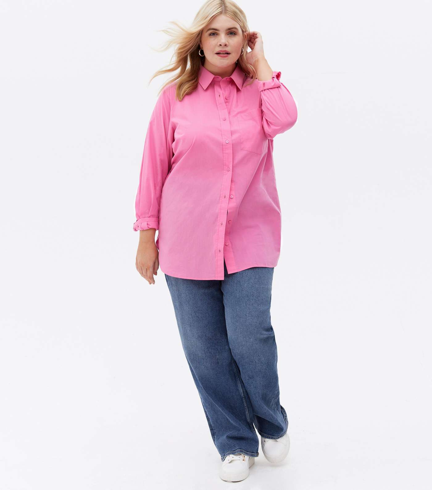 Curves Bright Pink Poplin Long Sleeve Shirt Image 2