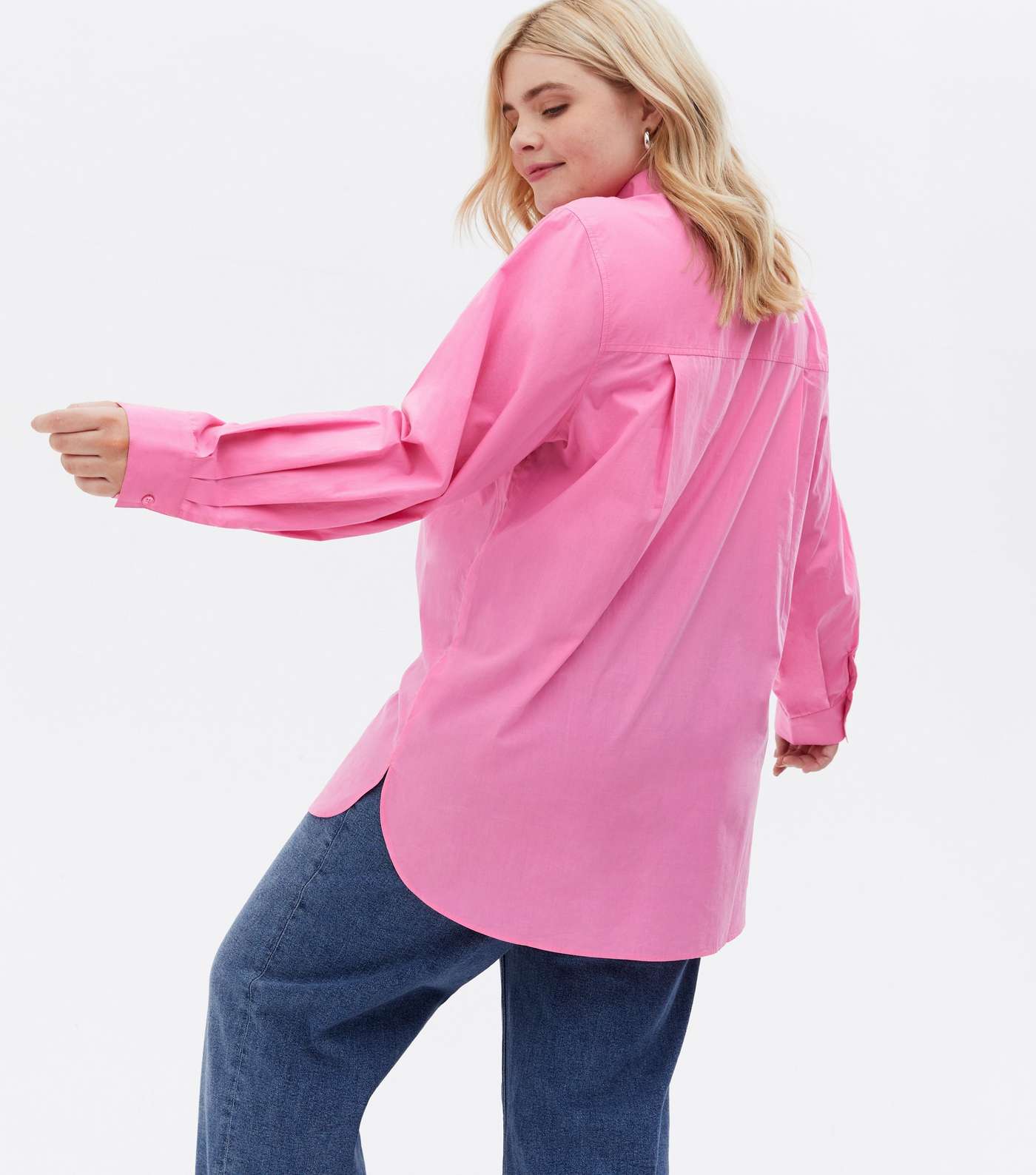 Curves Bright Pink Poplin Long Sleeve Shirt Image 4