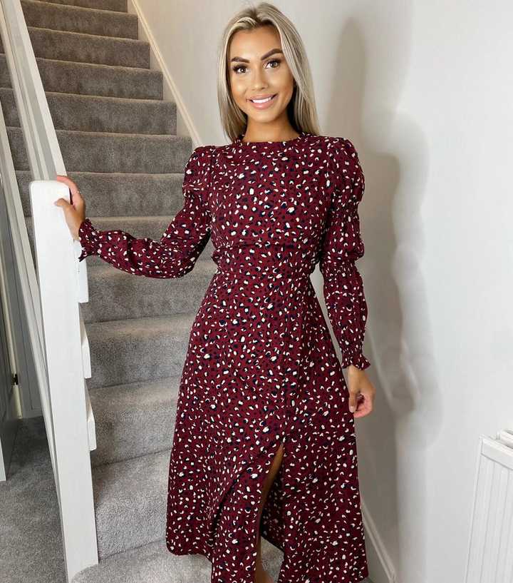 AX Paris Burgundy Leopard Print Ruched Midi Dress | New Look