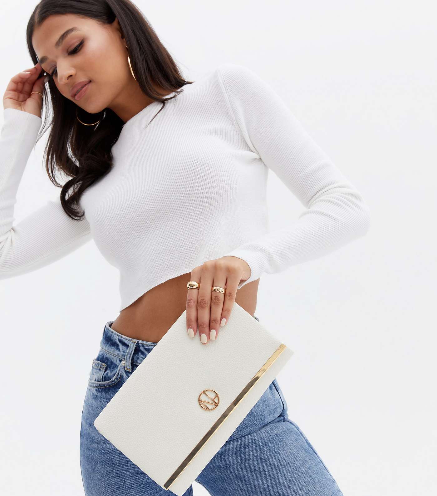 White Embellished Chain Clutch Bag Image 2