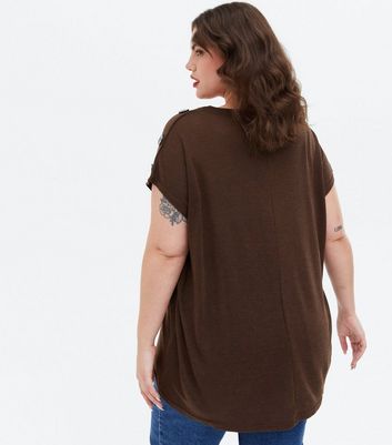 Click to view product details and reviews for Blue Vanilla Curves Dark Brown Fine Knit Button Shoulder Top New Look.