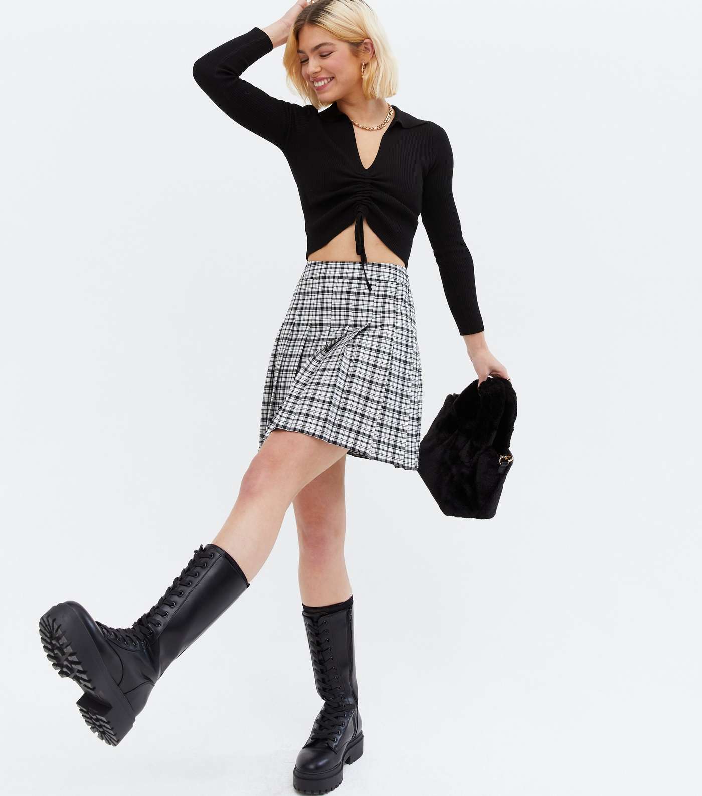 Cameo Rose Black Knit Collared Ruched Crop Top Image 2