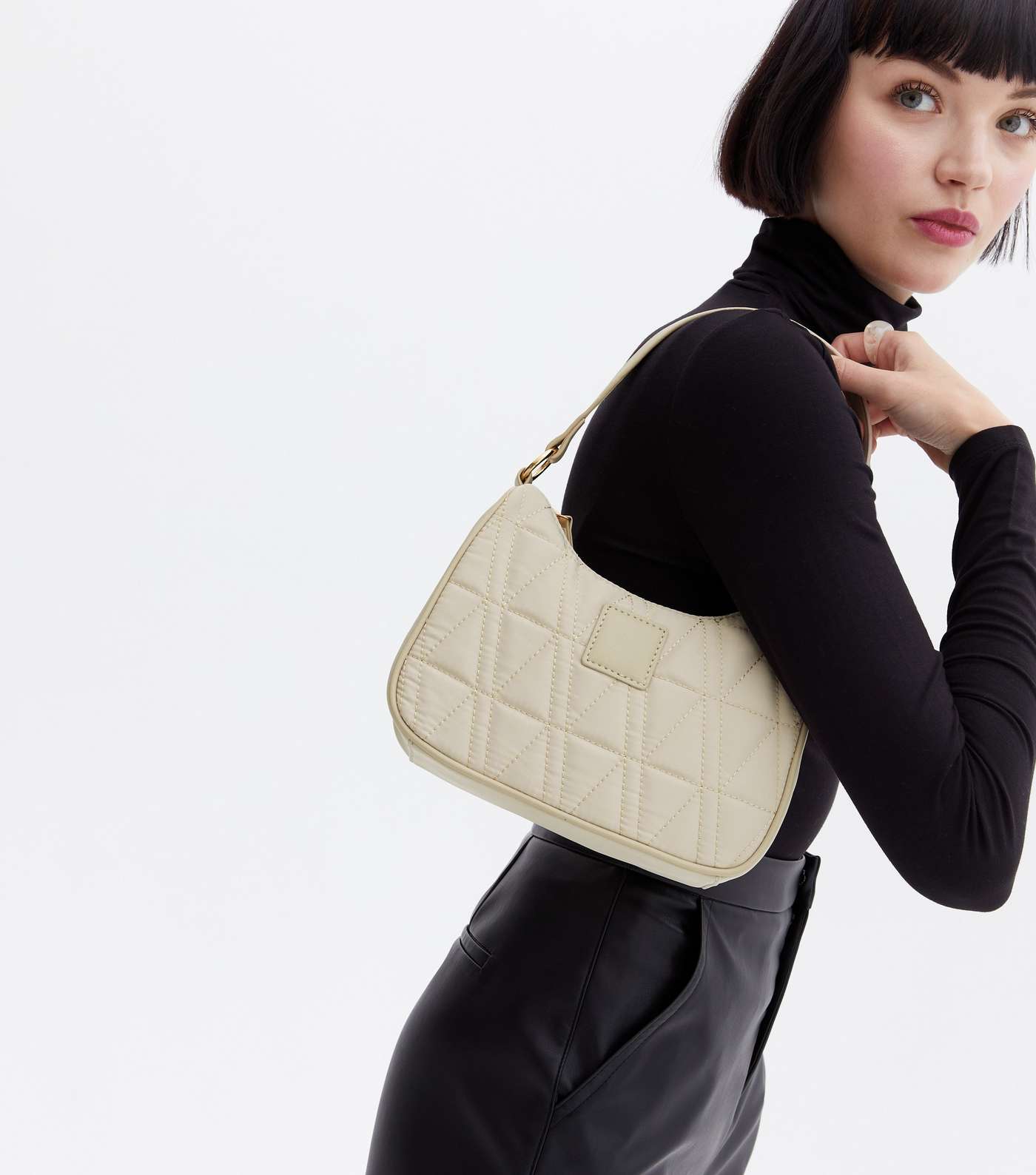 Cream Quilted Leather-Look Trim Shoulder Bag Image 2