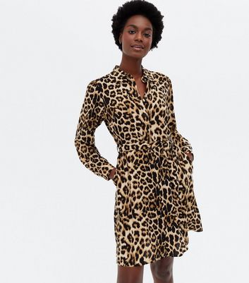 Brown Leopard Print Long Sleeve Belted 