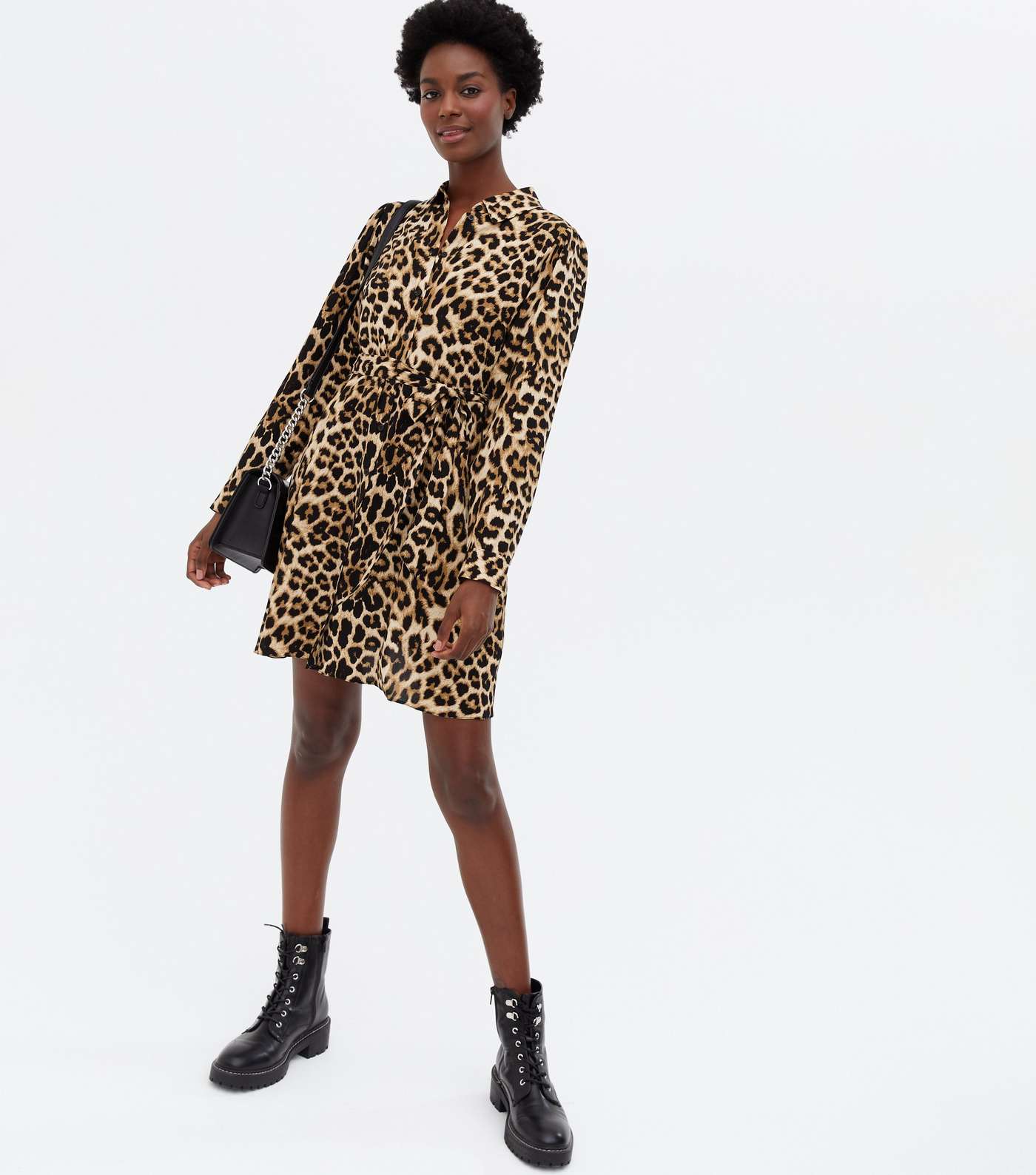Brown Leopard Print Long Sleeve Belted Shirt Dress Image 2