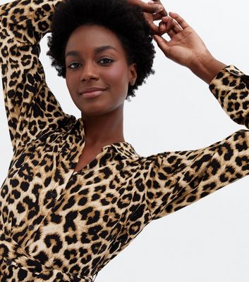 Brown Leopard Print Long Sleeve Belted 