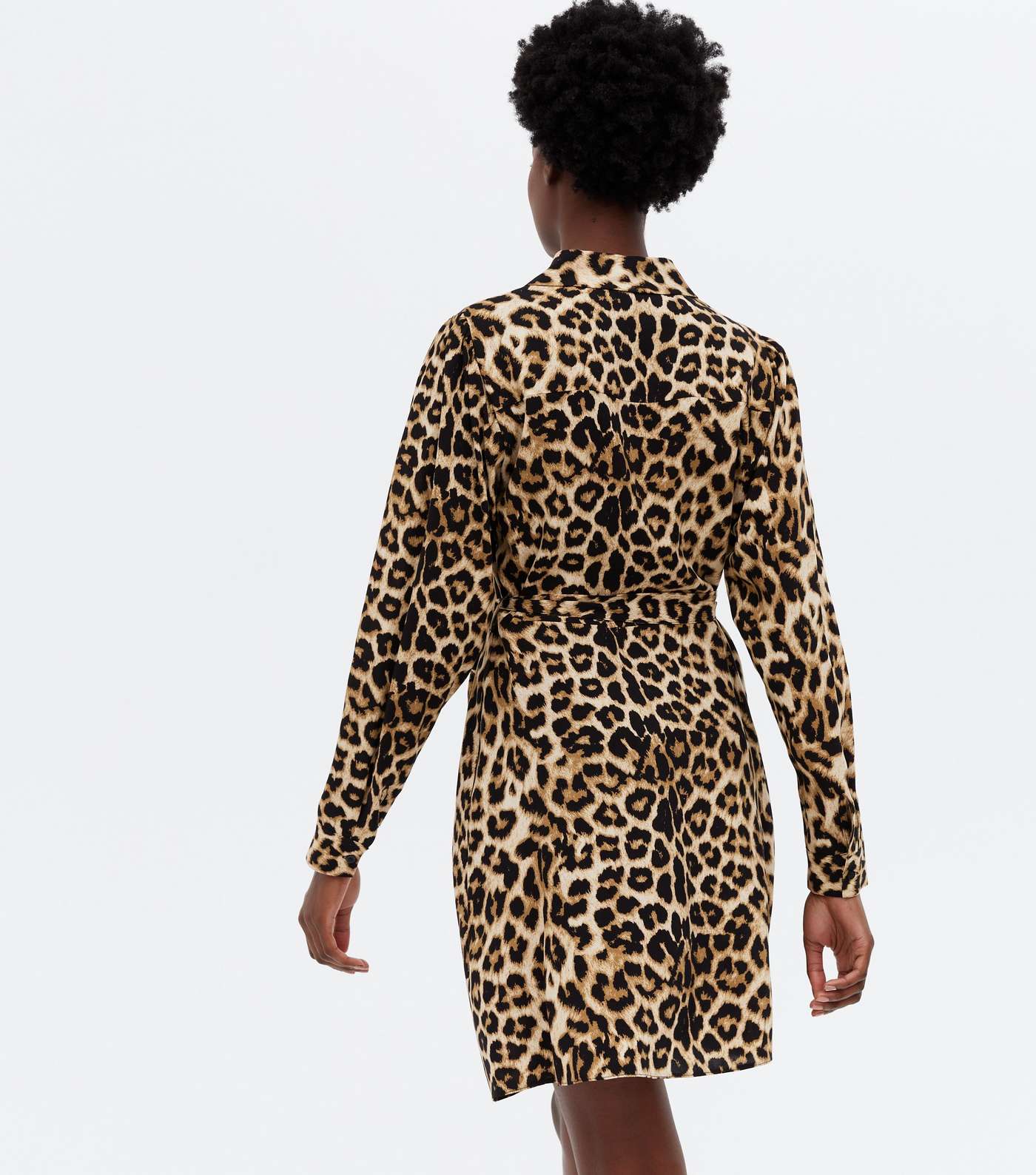 Brown Leopard Print Long Sleeve Belted Shirt Dress Image 4