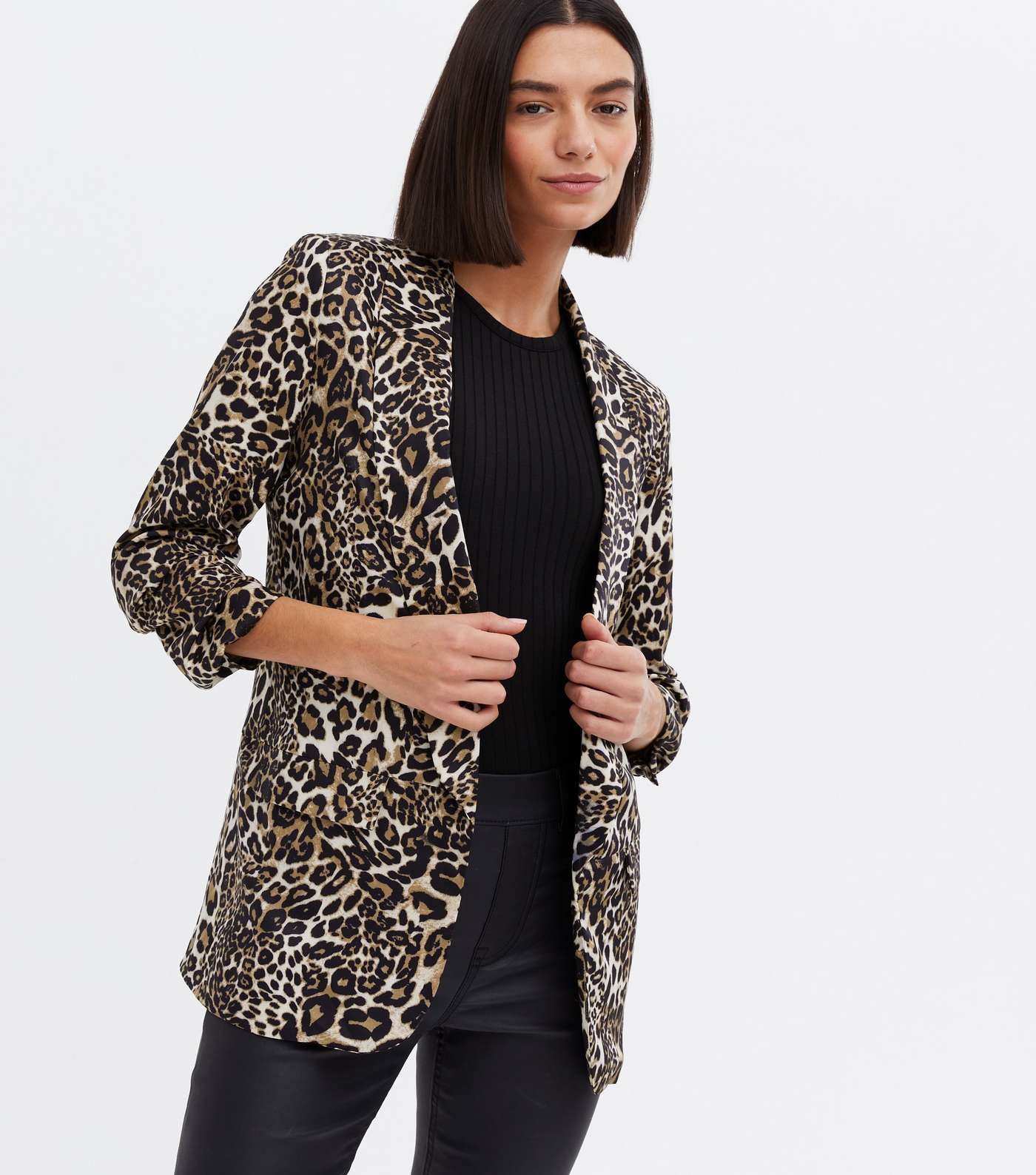 Cameo Rose Brown Leopard Print Ruched Blazer