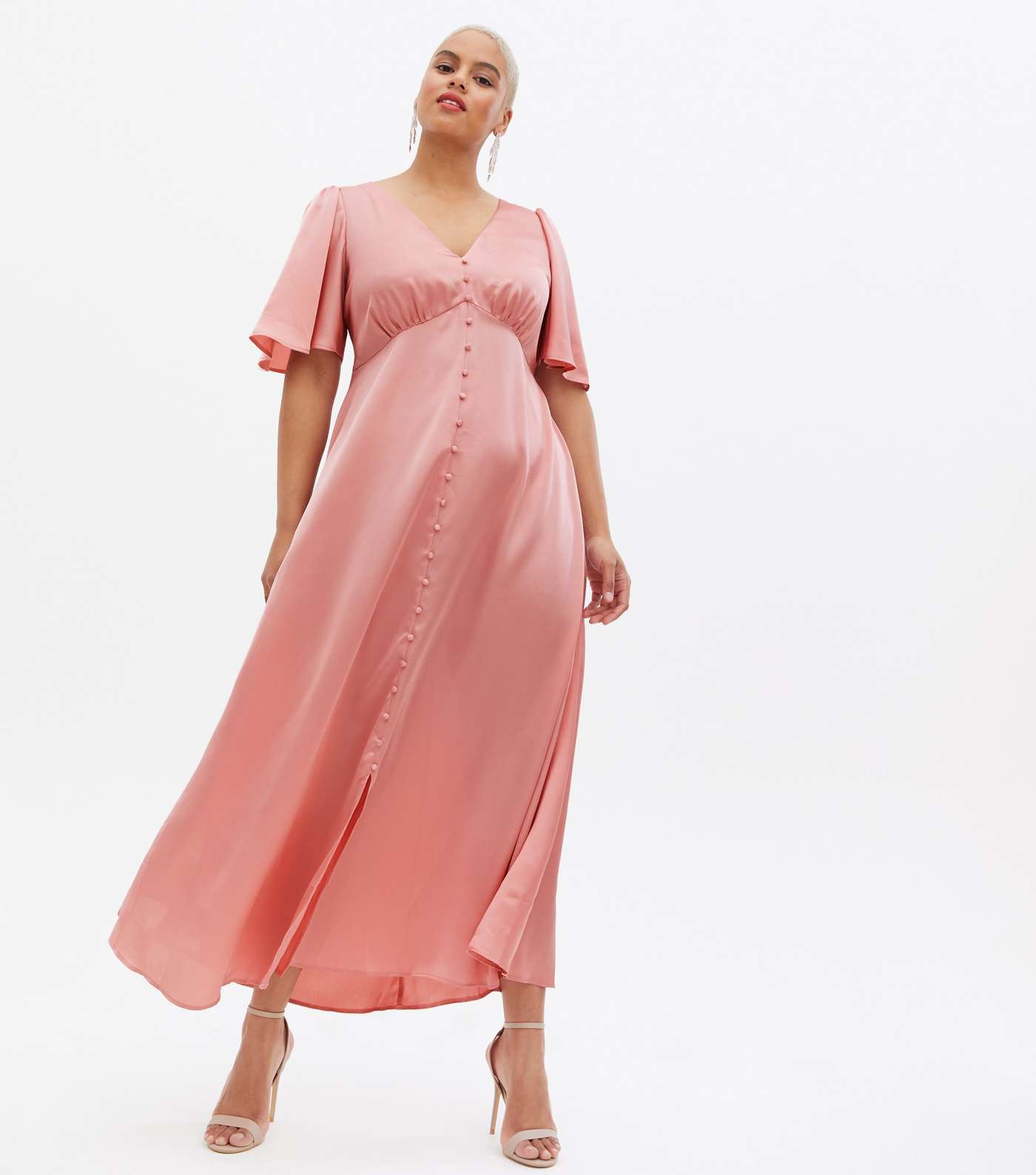 Curves Pink Satin Flutter Sleeve Button Front Midi Dress