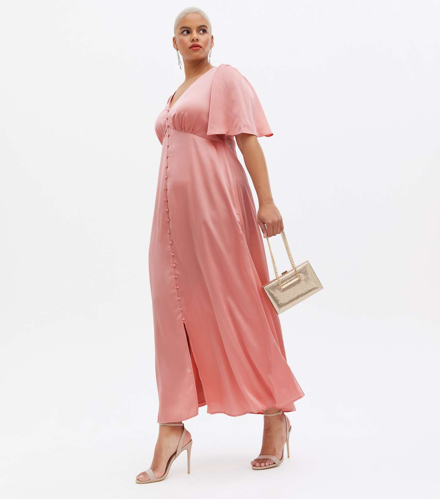Curves Pink Satin Flutter Sleeve Button Front Midi Dress Image 3