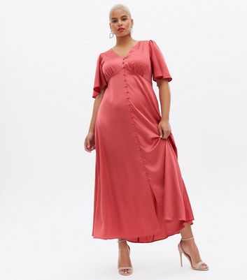 Click to view product details and reviews for Curves Deep Pink Satin Flutter Sleeve Button Front Midi Dress New Look.