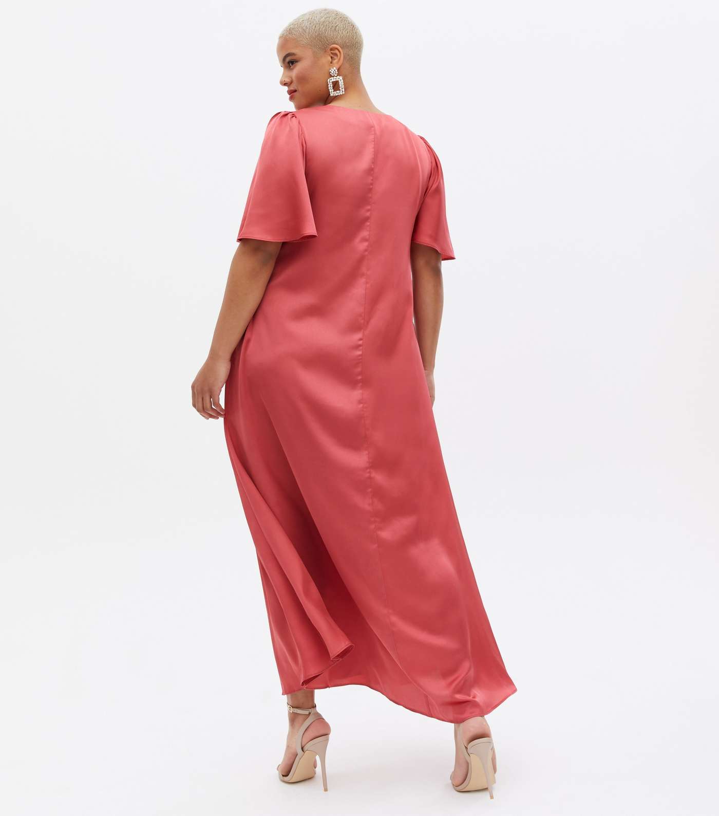 Curves Deep Pink Satin Flutter Sleeve Button Front Midi Dress Image 4
