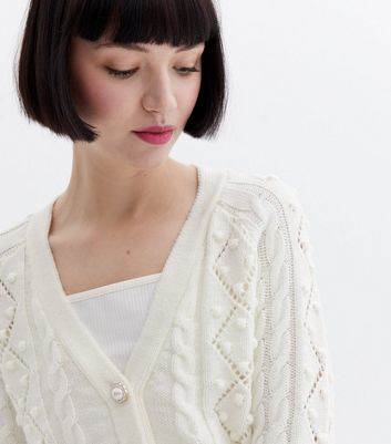 Cream Bobble Faux Pearl Button Cardigan New Look