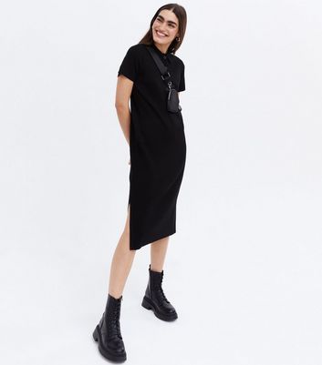 Click to view product details and reviews for Black Ribbed Knit Button Front Midi Polo Dress New Look.