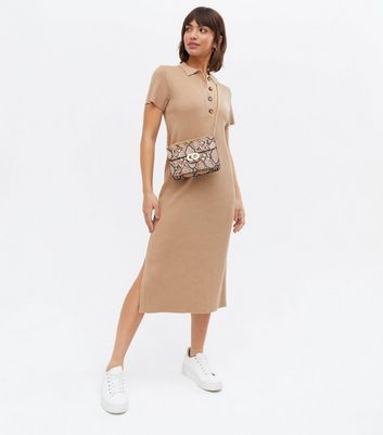 Camel Ribbed Knit Button Front Midi Polo Dress New Look
