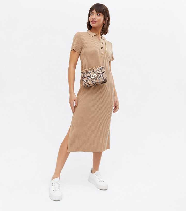 Camel Ribbed Knit Button Front Midi Polo Dress