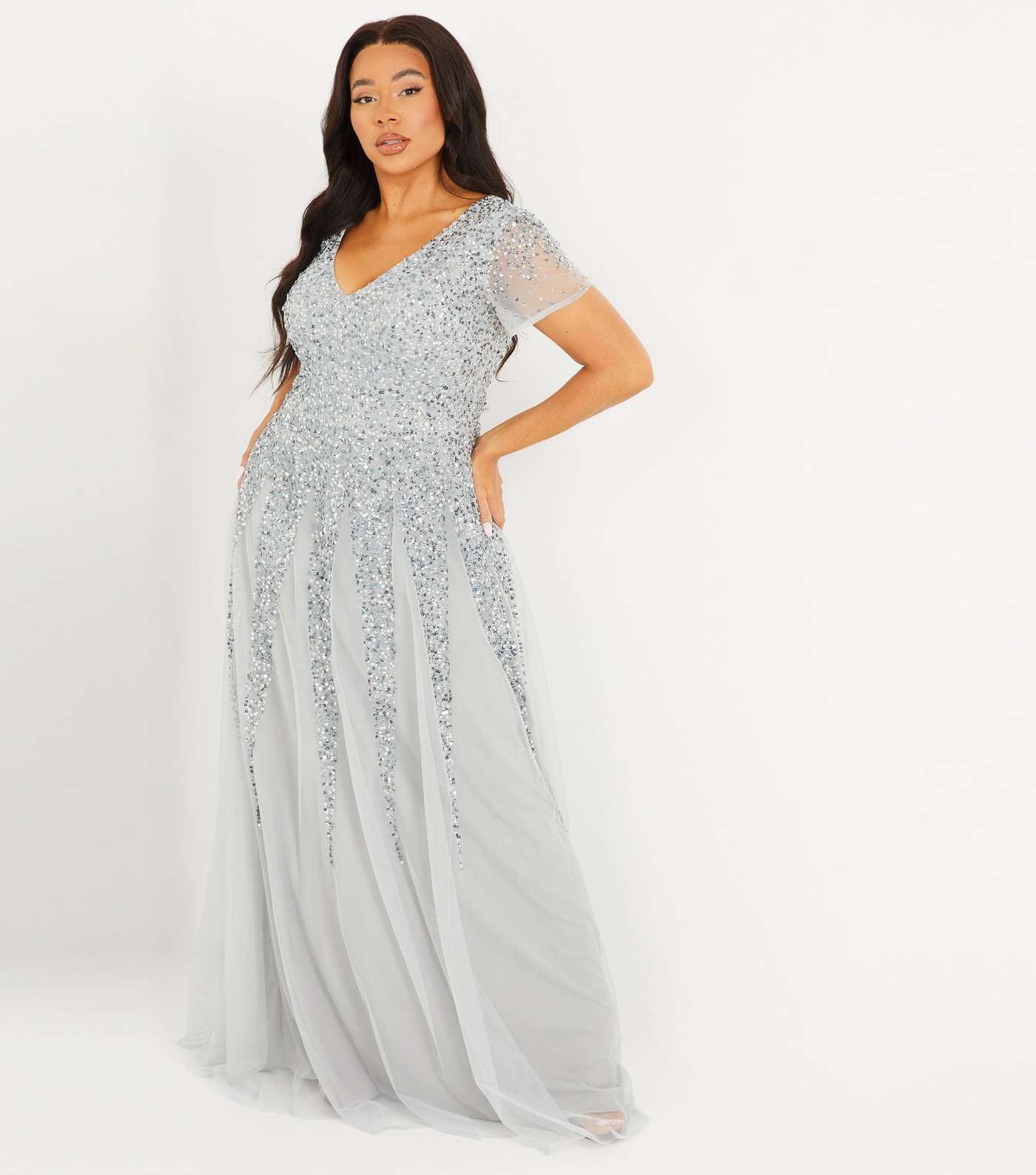 QUIZ Curves Silver Mesh Sequin Maxi Dress