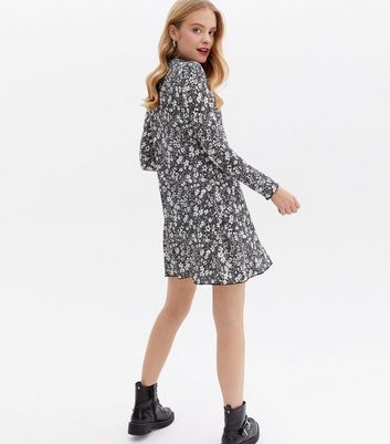 Black Ditsy Floral High Neck Mini Smock Dress New Look