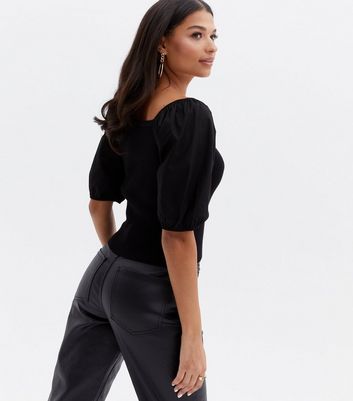 Click to view product details and reviews for Black Ribbed Knit Poplin Sleeve Square Neck Top New Look.