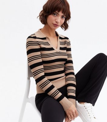 Click to view product details and reviews for Brown Stripe Knit Collared Polo Jumper New Look.