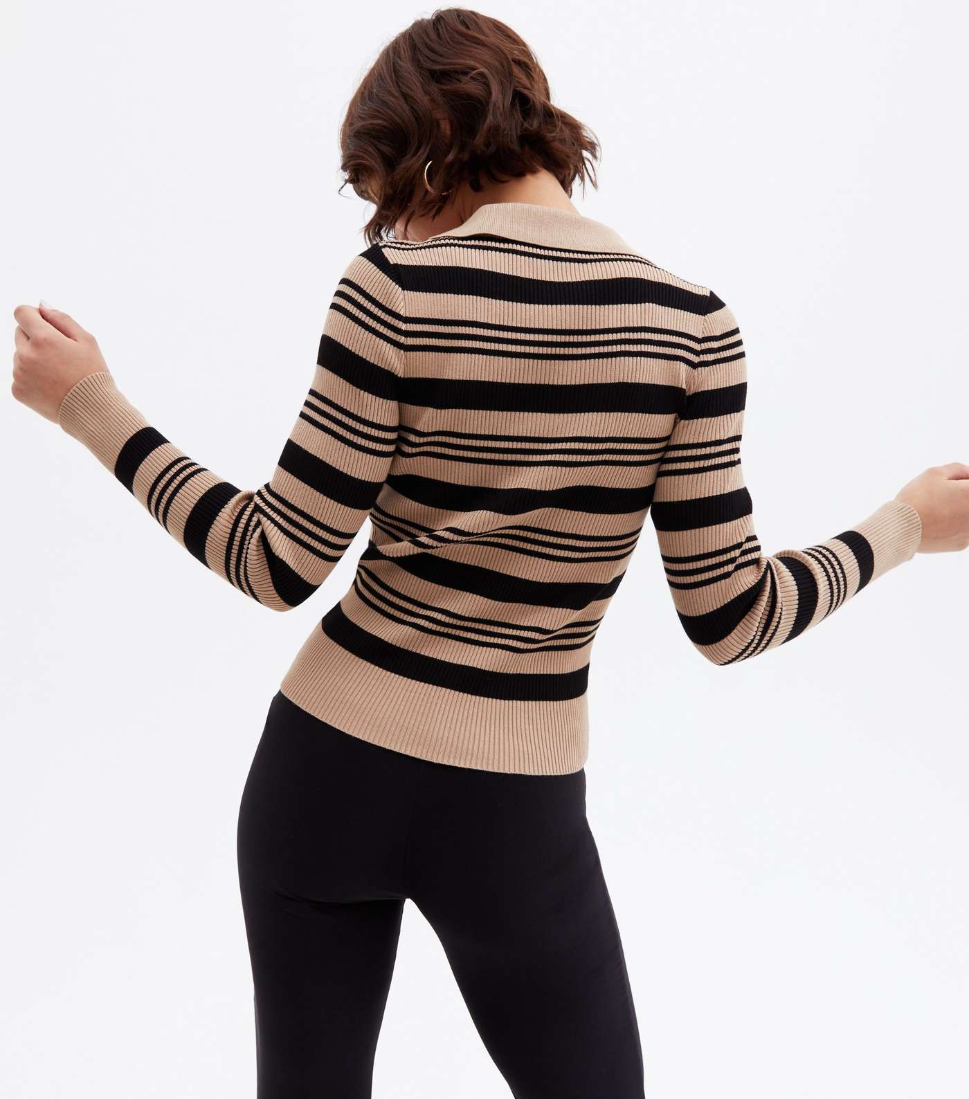 Brown Stripe Knit Collared Polo Jumper Image 4