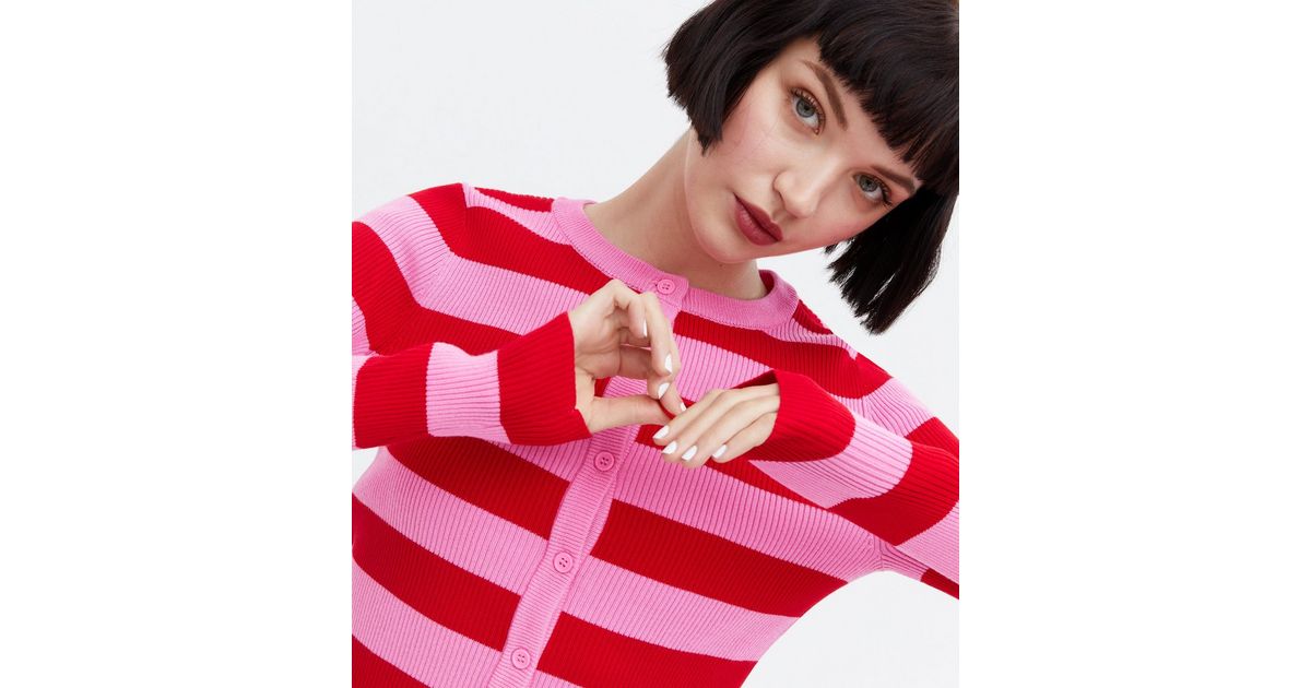 Pink Stripe Crew Neck Cardigan New Look