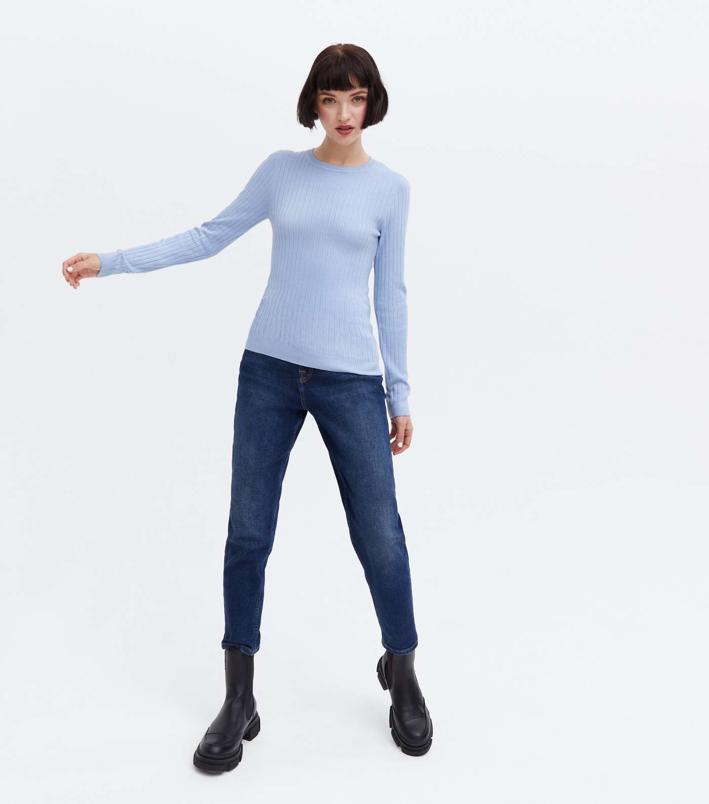 Blue Ribbed Crew Neck Long Sleeve Top Image 2