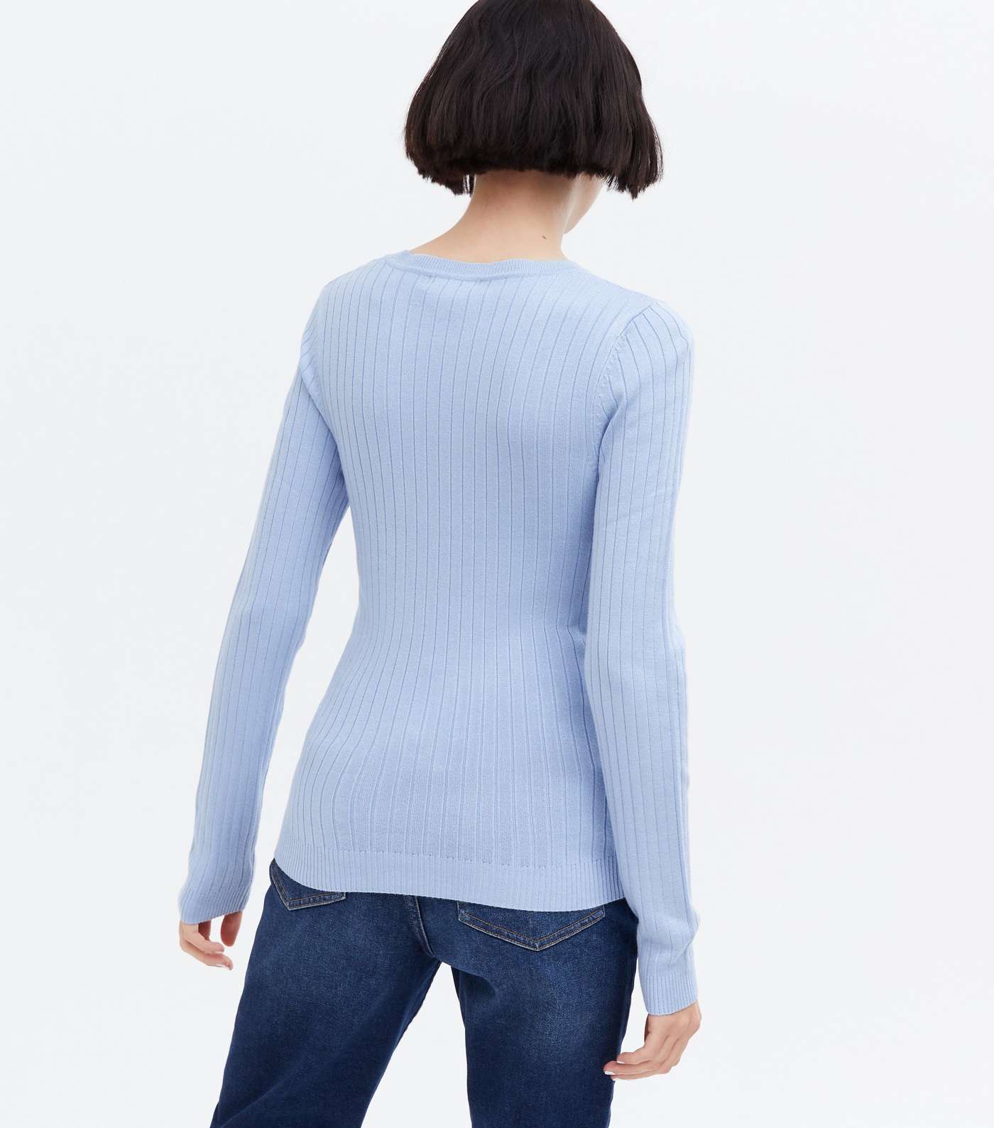 Blue Ribbed Crew Neck Long Sleeve Top Image 4